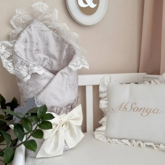Плед-конверт для новорожденных на выписку MSonya (Маленькая Соня) De Lux 80×80 см Серо-бежевый - Фото 1