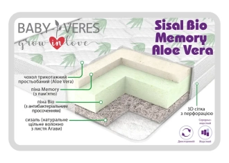 Матрас детский Veres Sisal Bio Memory Aloe Vera Сизаль, Пена Bio, Пена Memory 120×60×12 см - Фото 1