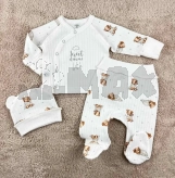 Комплект Mario Kids Спящий медвежонок с шапочкой, распашонкой, ползунками 56р, рубчик Молочный