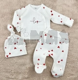 Комплект Mario Kids Красные сердца с шапочкой, распашонкой, ползунками 56р, рубчик Молочный