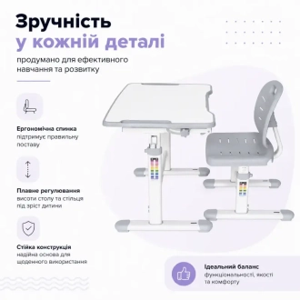 Парта детская FunDesk Piccolino III со стулом 66,4×47,4 см Grey/Серый - Фото 3