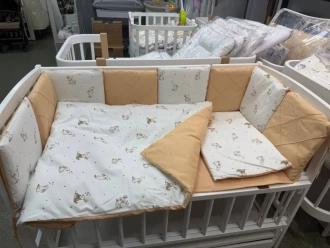 Комплект постільний Ведмедик Зайчики з зірочками 6 предметів, стьоганий Біло-бежевий - Фото 2