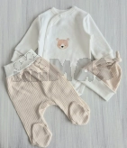 Комплект Шапочка + Боди + Ползунки Happy Tot, Бело-бежевый, Интерлок, 62р.