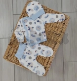 Комплект Шапочка + Распашонка + Ползунки Тими, Голубой со зверушками, Футер, 62р.