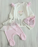 Комплект Happy Tot с шапочкой, боди, ползунками 56р, интерлок Бело-розовый