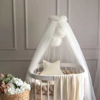 Балдахин на кроватку MSonya (Маленькая Соня) с помпонами Молочный - Фото 1