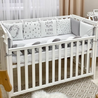 Бортики в кроватку MSonya (Маленькая Соня) Арт Дизайн Ежик с простыней Серый - Фото 1