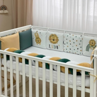 Бортики в кроватку MSonya (Маленькая Соня) Арт Дизайн Лев с простыней Зеленый - Фото 1