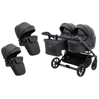 Коляска для двойни 2в1, Екокожа – Adamex Leo Duo Tip Black (SA-2) - Фото 1